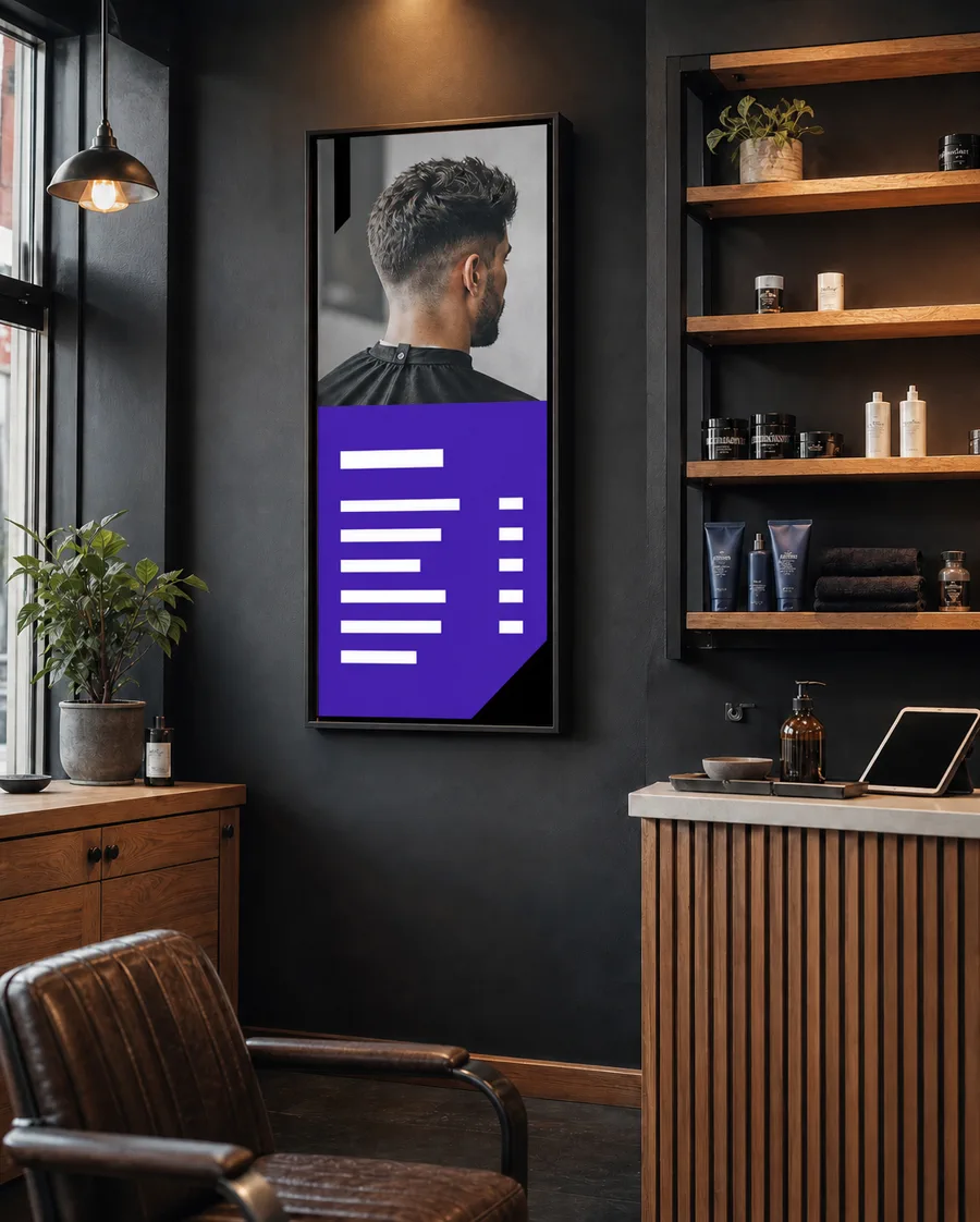 Portrait digital service board installed in a modern barbershop