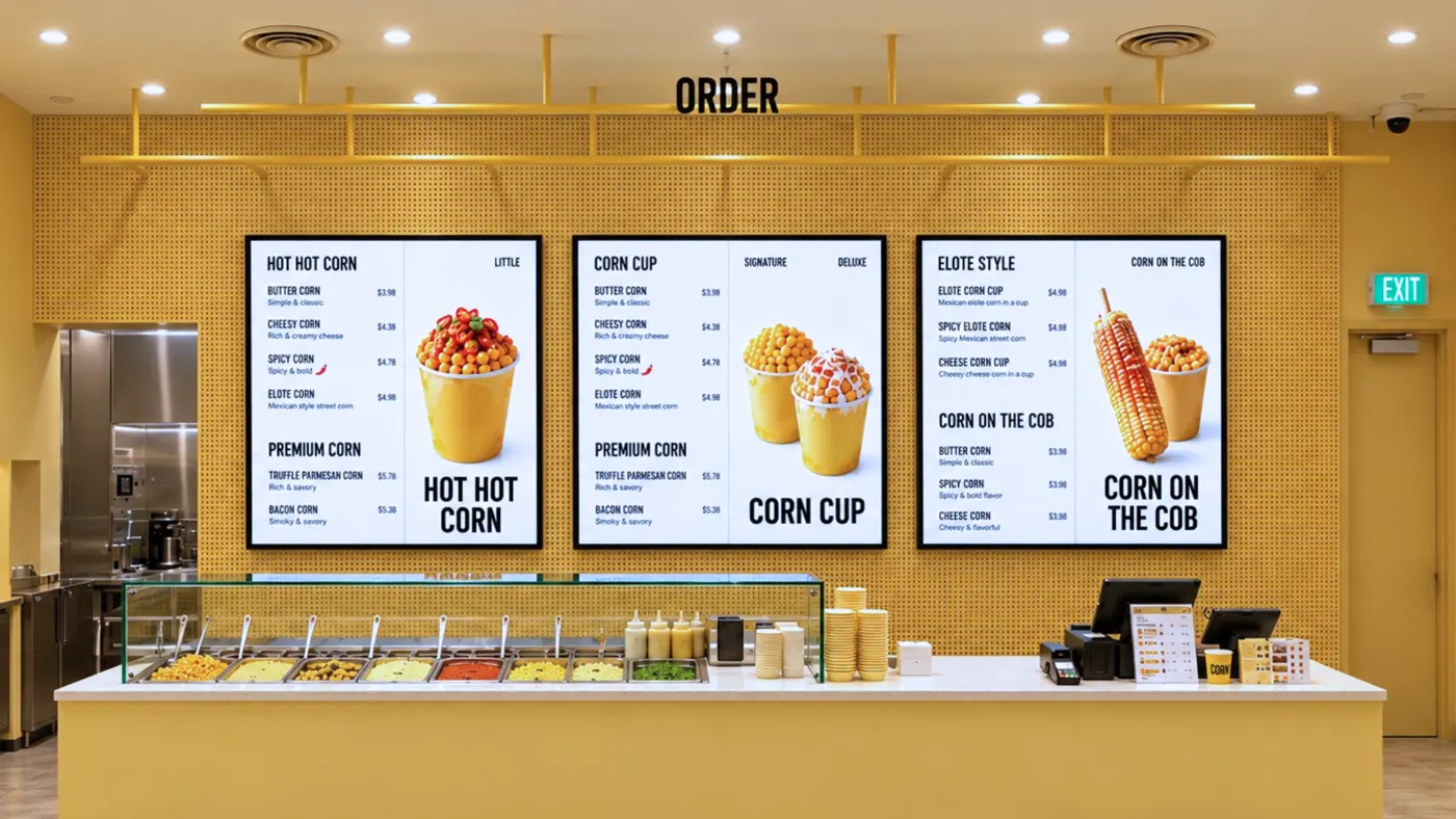 Three digital menu boards at a modern corn restaurant