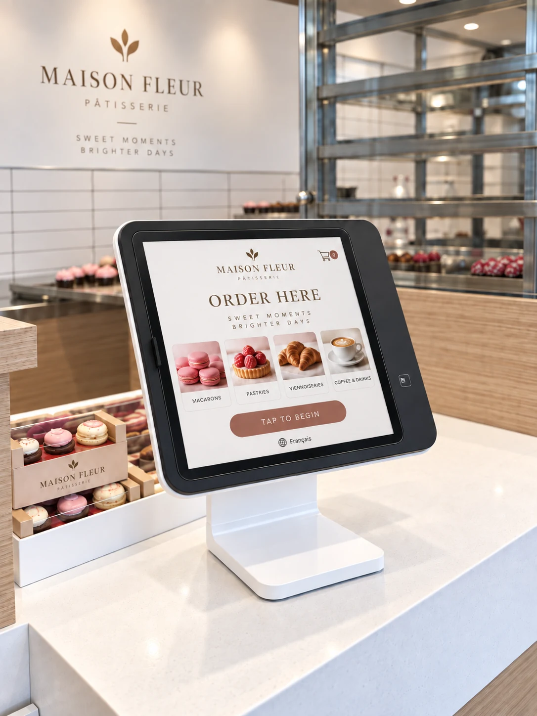 Angled view of a Maison Fleur touchscreen kiosk showing pastries, macarons and coffee categories
