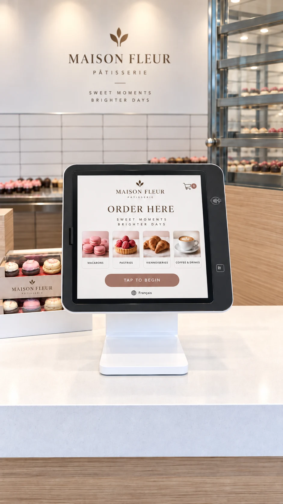 Front view of a Maison Fleur patisserie self-service ordering kiosk on the counter