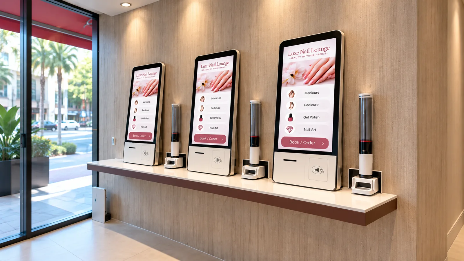 Customer service kiosks in a modern nail salon