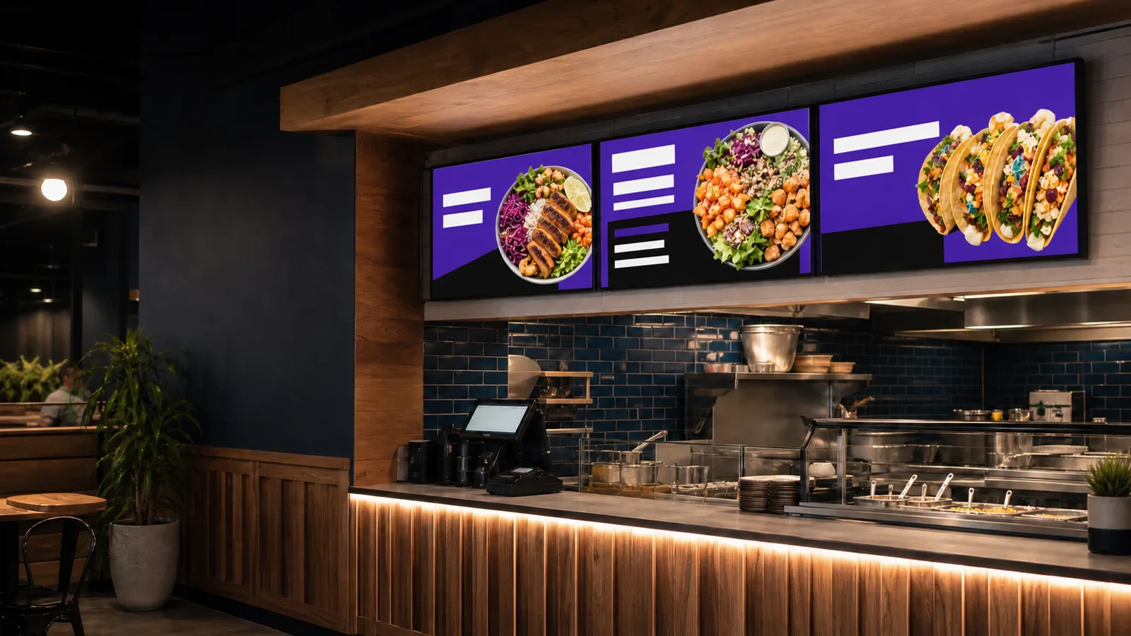 Three coordinated digital menu boards installed above a modern restaurant counter